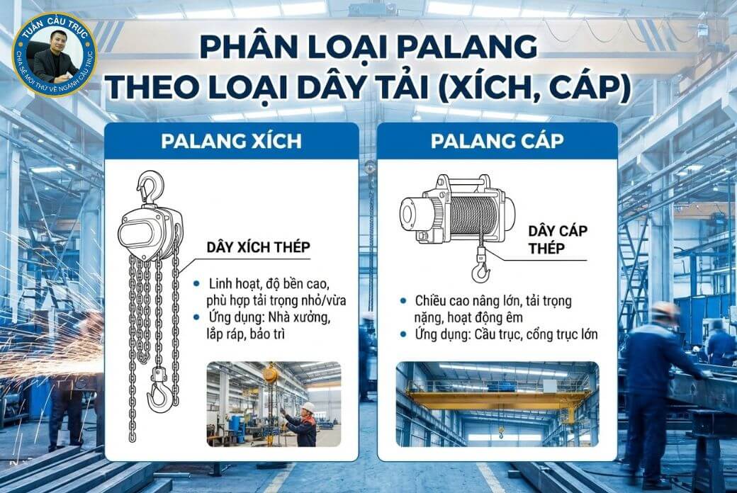 Phân loại theo loại dây tải (xích, cáp)