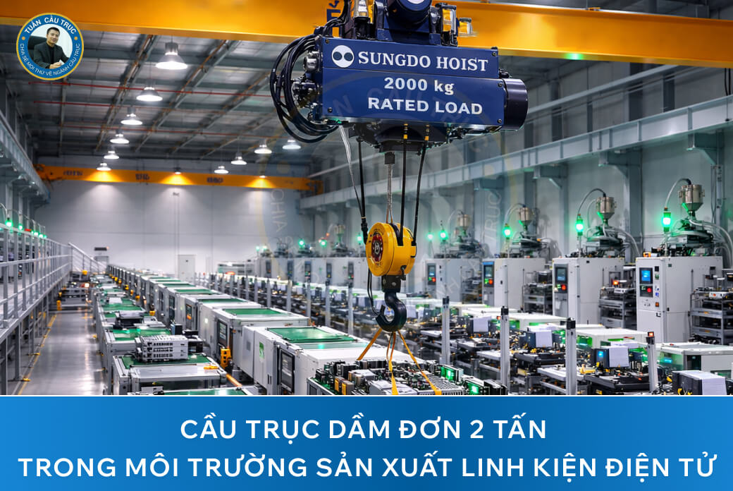 Cầu trục dầm đơn 2 tấn trong môi trường sản xuất linh kiện điện tử Cầu trục dầm đơn 2 tấn trong môi trường sản xuất linh kiện điện tử